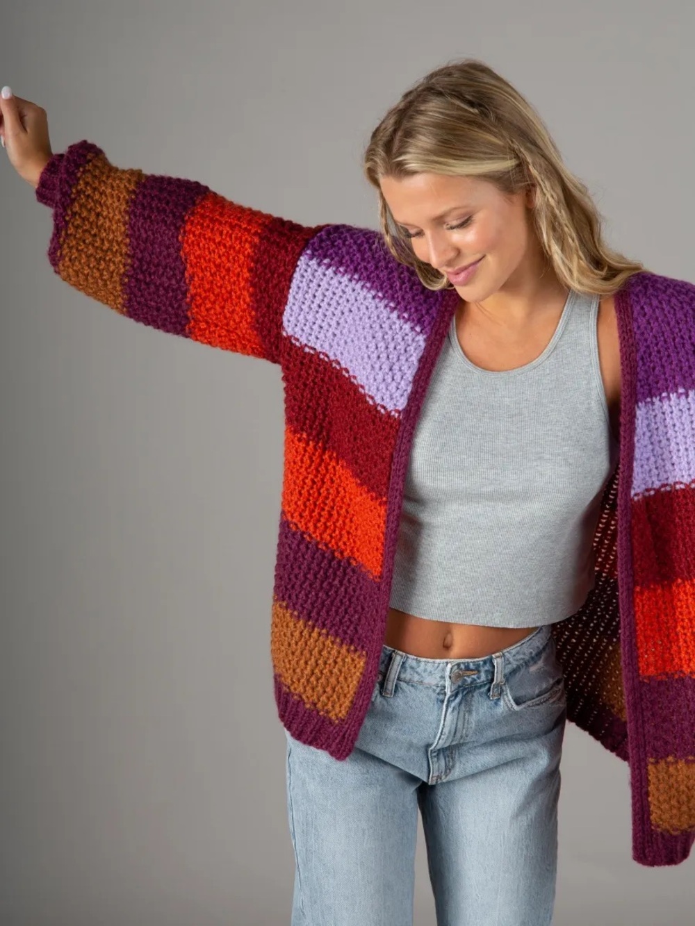 Natural Life Oversized Multi-Color Striped Chunky Knit Cardigan S/M Purple/Red